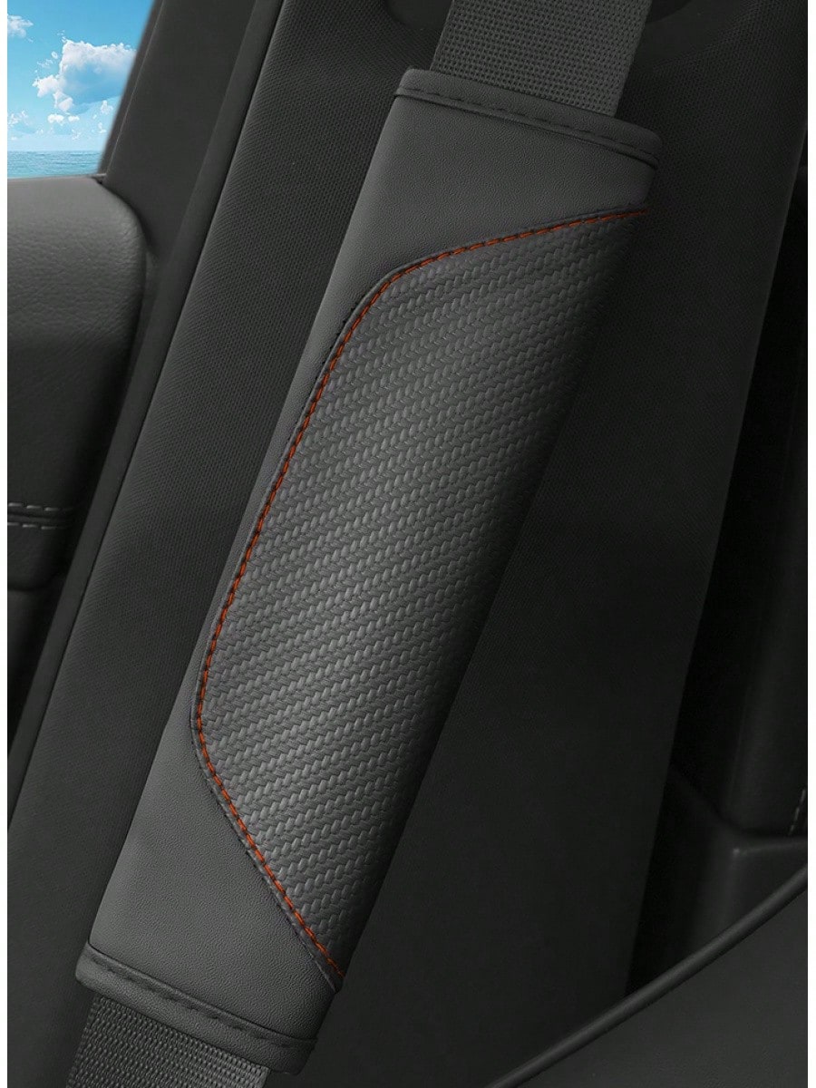 Carbon Fiber Pattern PU Leather, Anti Slip And Wear-Resistant Car Interior Four Piece Set! Designed To Fit Snugly With 1 Steering Wheel Cover, 1 Armrest Pad, And 2 Shoulder Pads For All Seasons