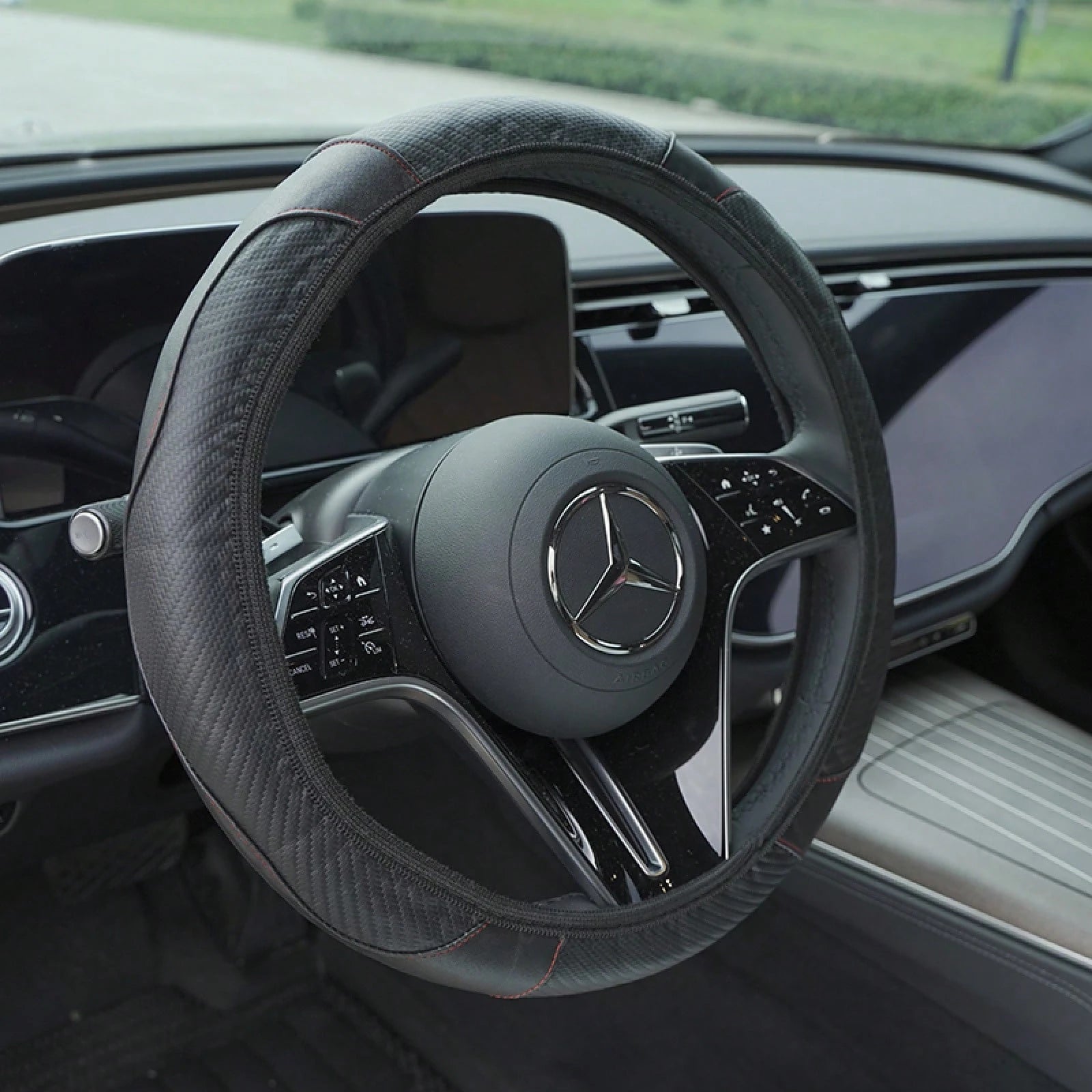 Carbon Fiber Pattern PU Leather, Anti Slip And Wear-Resistant Car Interior Four Piece Set! Designed To Fit Snugly With 1 Steering Wheel Cover, 1 Armrest Pad, And 2 Shoulder Pads For All Seasons