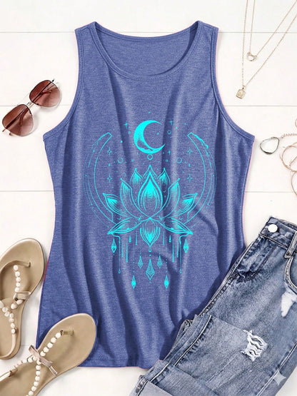 Casual Women's Sleeveless Tank Top| Retro Floral And Moon Print T-Shirts For Women| Leisure Style| Current Women's Fashion Wear