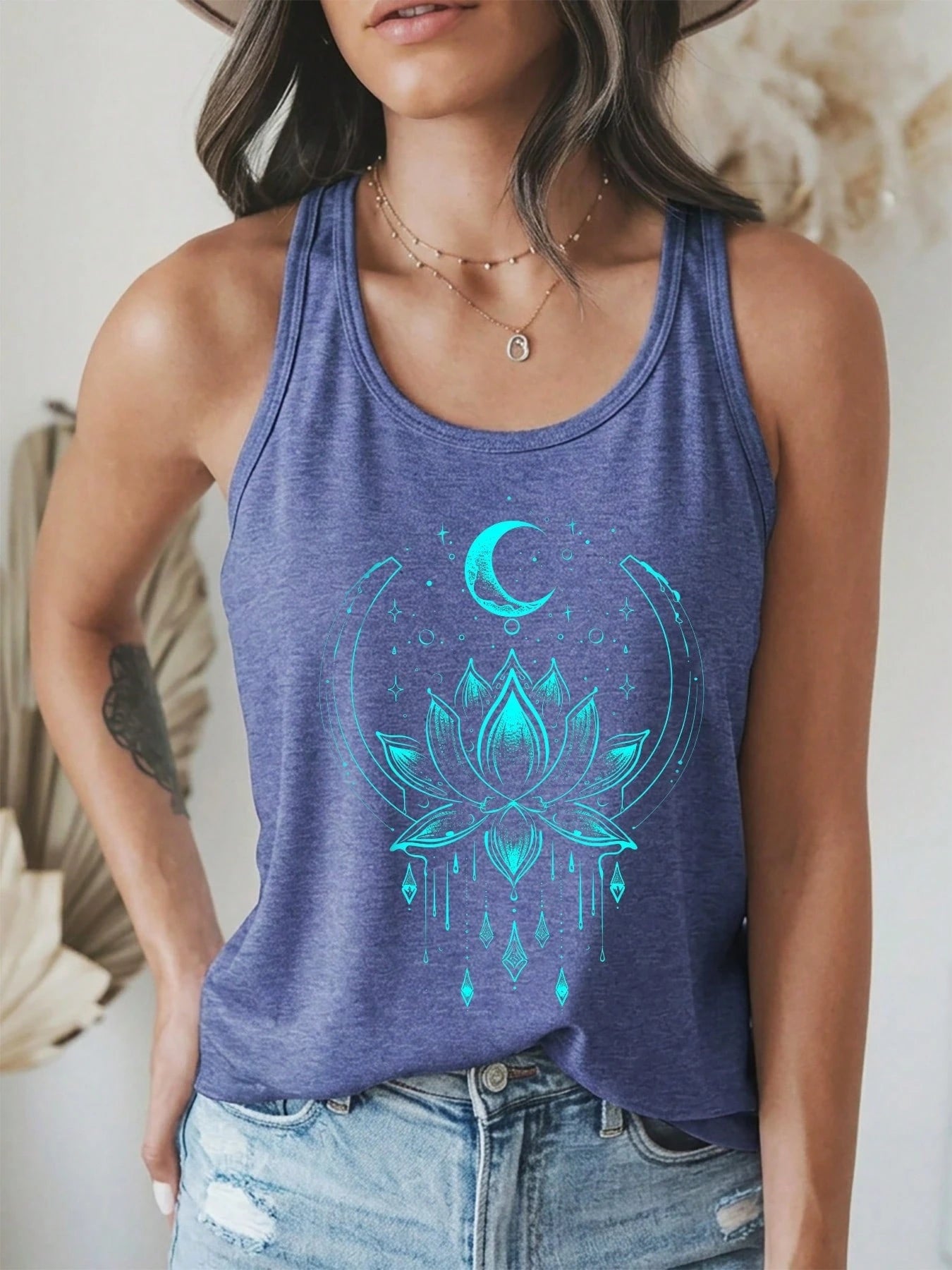 Casual Women's Sleeveless Tank Top| Retro Floral And Moon Print T-Shirts For Women| Leisure Style| Current Women's Fashion Wear