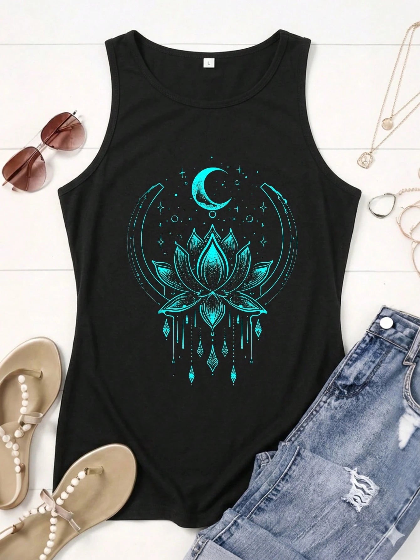 Casual Women's Sleeveless Tank Top| Retro Floral And Moon Print T-Shirts For Women| Leisure Style| Current Women's Fashion Wear