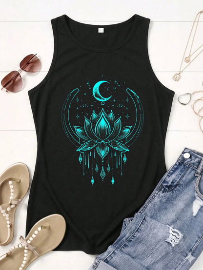 Casual Women's Sleeveless Tank Top| Retro Floral And Moon Print T-Shirts For Women| Leisure Style| Current Women's Fashion Wear