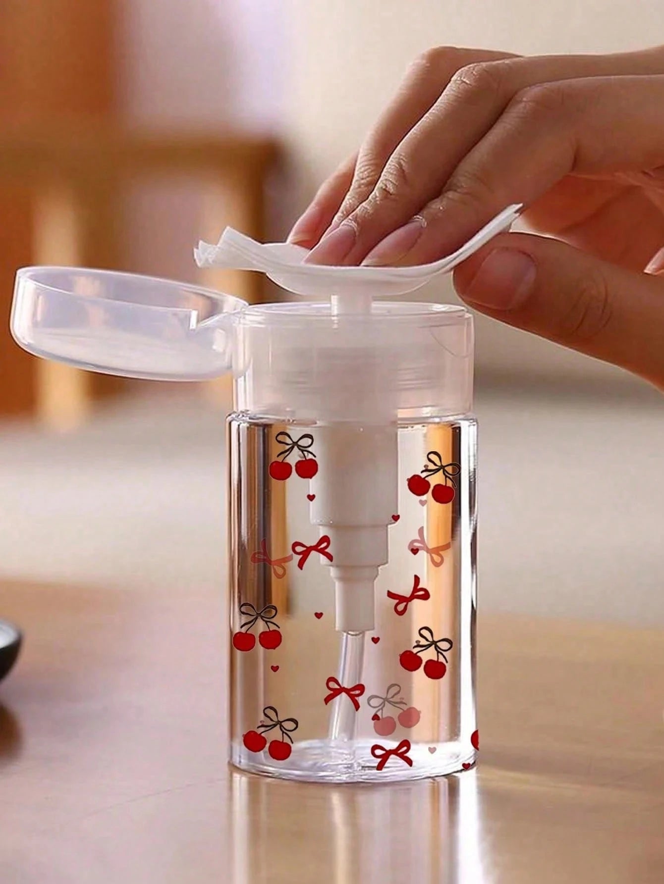 Cherry Bow Pattern, Refillable Portable Travel Bottle, Makeup Remover Dispenser Bottle With Portable Pump Dispenser, Suitable For Nail Polish Remover, Toner And Makeup Remover, Round Top Design, Hand