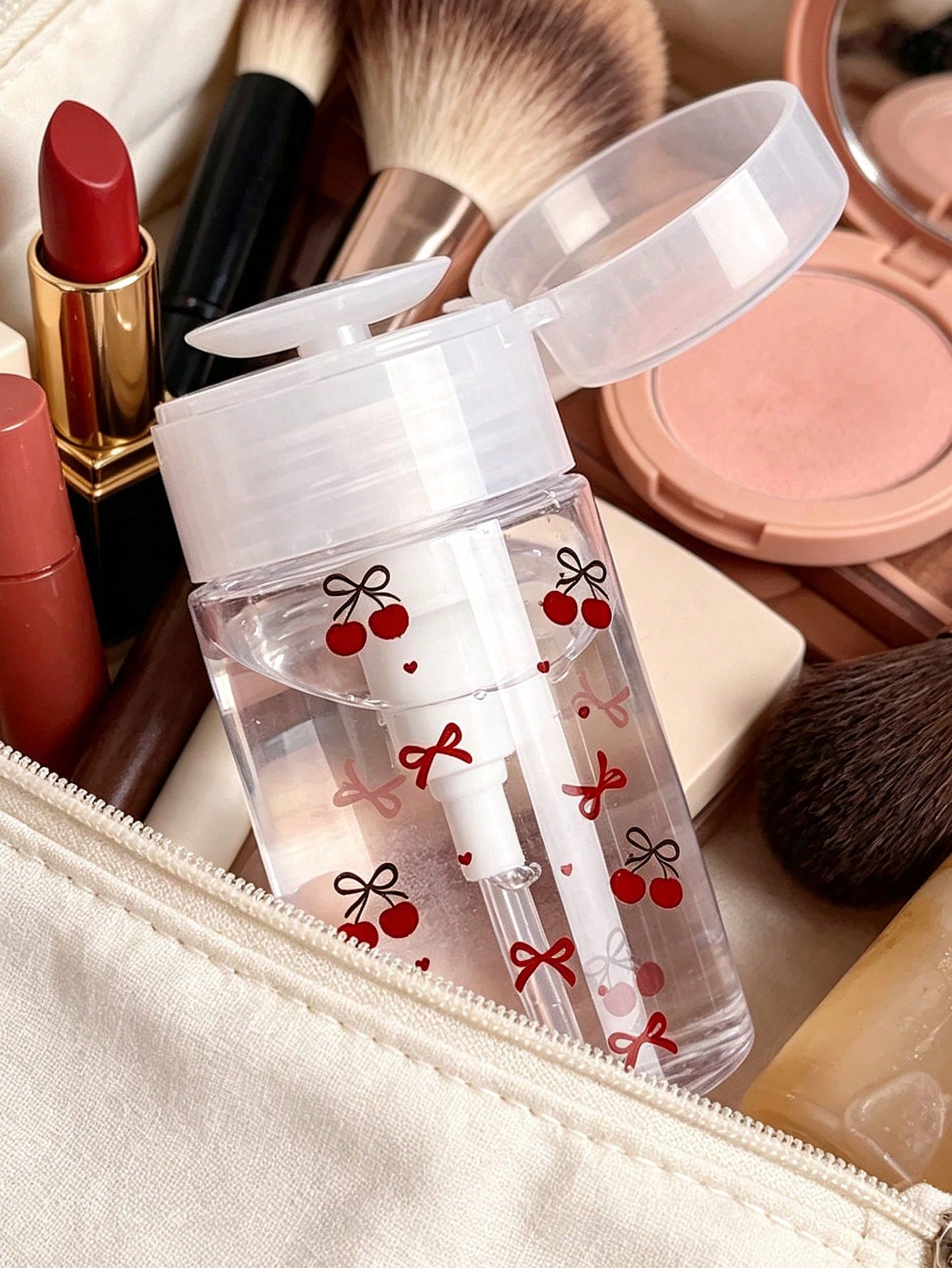 Cherry Bow Pattern, Refillable Portable Travel Bottle, Makeup Remover Dispenser Bottle With Portable Pump Dispenser, Suitable For Nail Polish Remover, Toner And Makeup Remover, Round Top Design, Hand