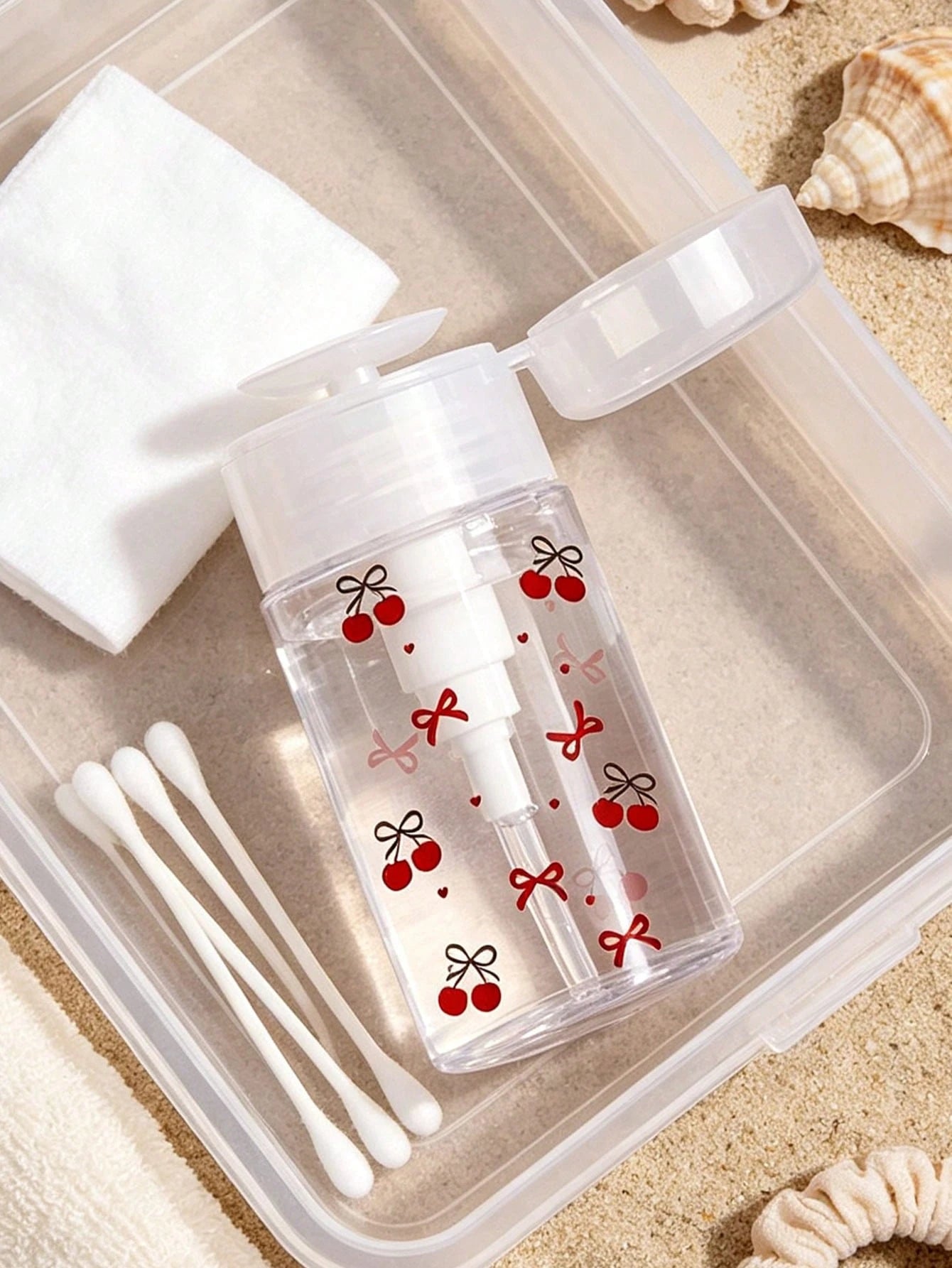 Cherry Bow Pattern, Refillable Portable Travel Bottle, Makeup Remover Dispenser Bottle With Portable Pump Dispenser, Suitable For Nail Polish Remover, Toner And Makeup Remover, Round Top Design, Hand