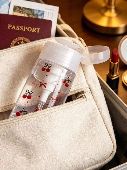 Cherry Bow Pattern, Refillable Portable Travel Bottle, Makeup Remover Dispenser Bottle With Portable Pump Dispenser, Suitable For Nail Polish Remover, Toner And Makeup Remover, Round Top Design, Hand
