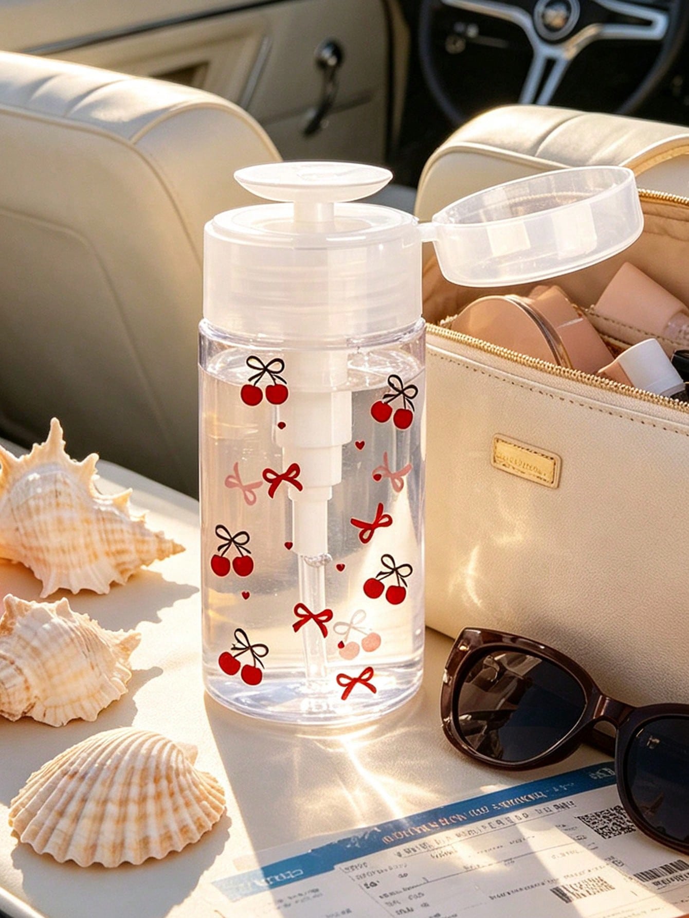 Cherry Bow Pattern, Refillable Portable Travel Bottle, Makeup Remover Dispenser Bottle With Portable Pump Dispenser, Suitable For Nail Polish Remover, Toner And Makeup Remover, Round Top Design, Hand