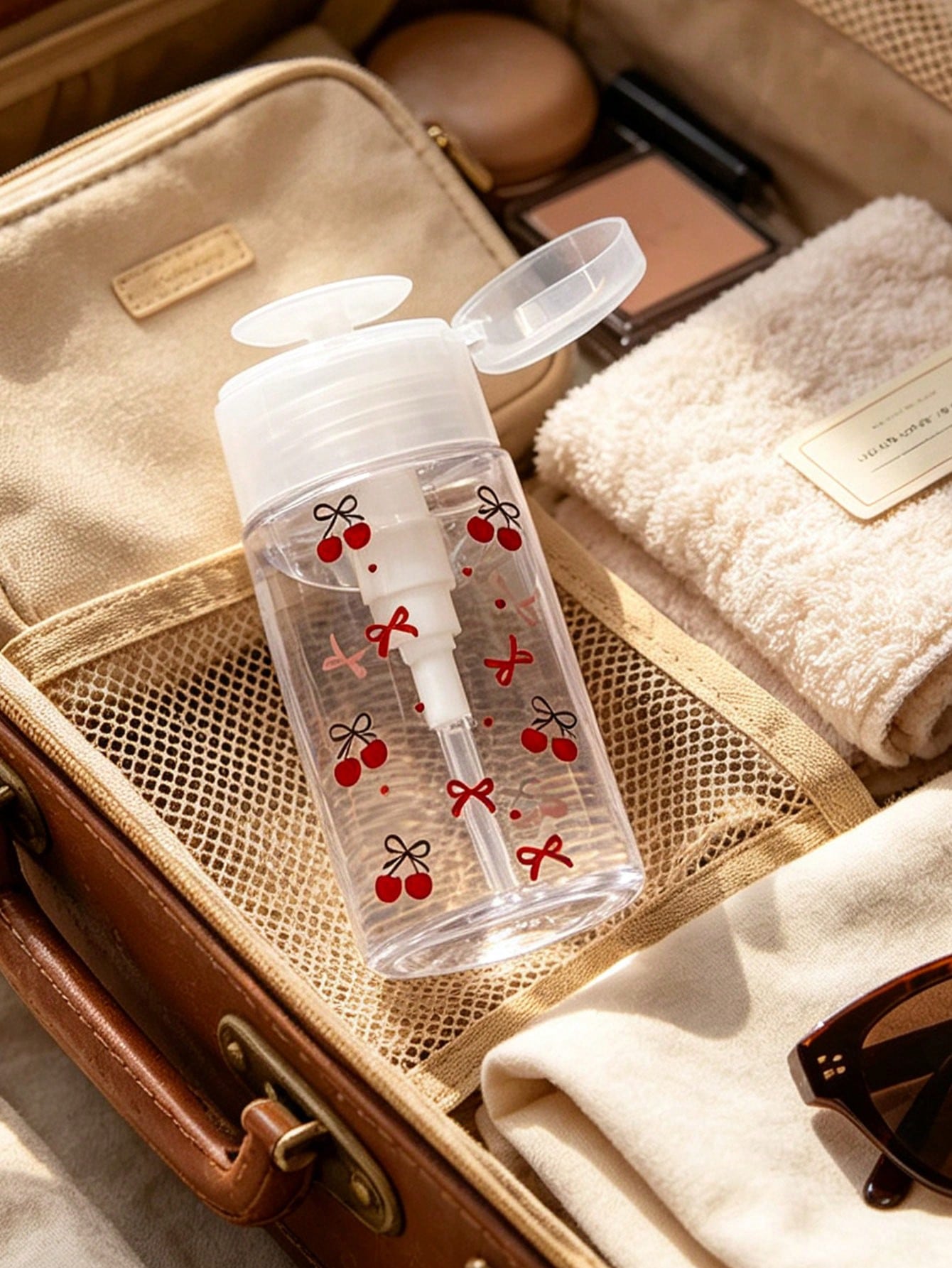 Cherry Bow Pattern, Refillable Portable Travel Bottle, Makeup Remover Dispenser Bottle With Portable Pump Dispenser, Suitable For Nail Polish Remover, Toner And Makeup Remover, Round Top Design, Hand