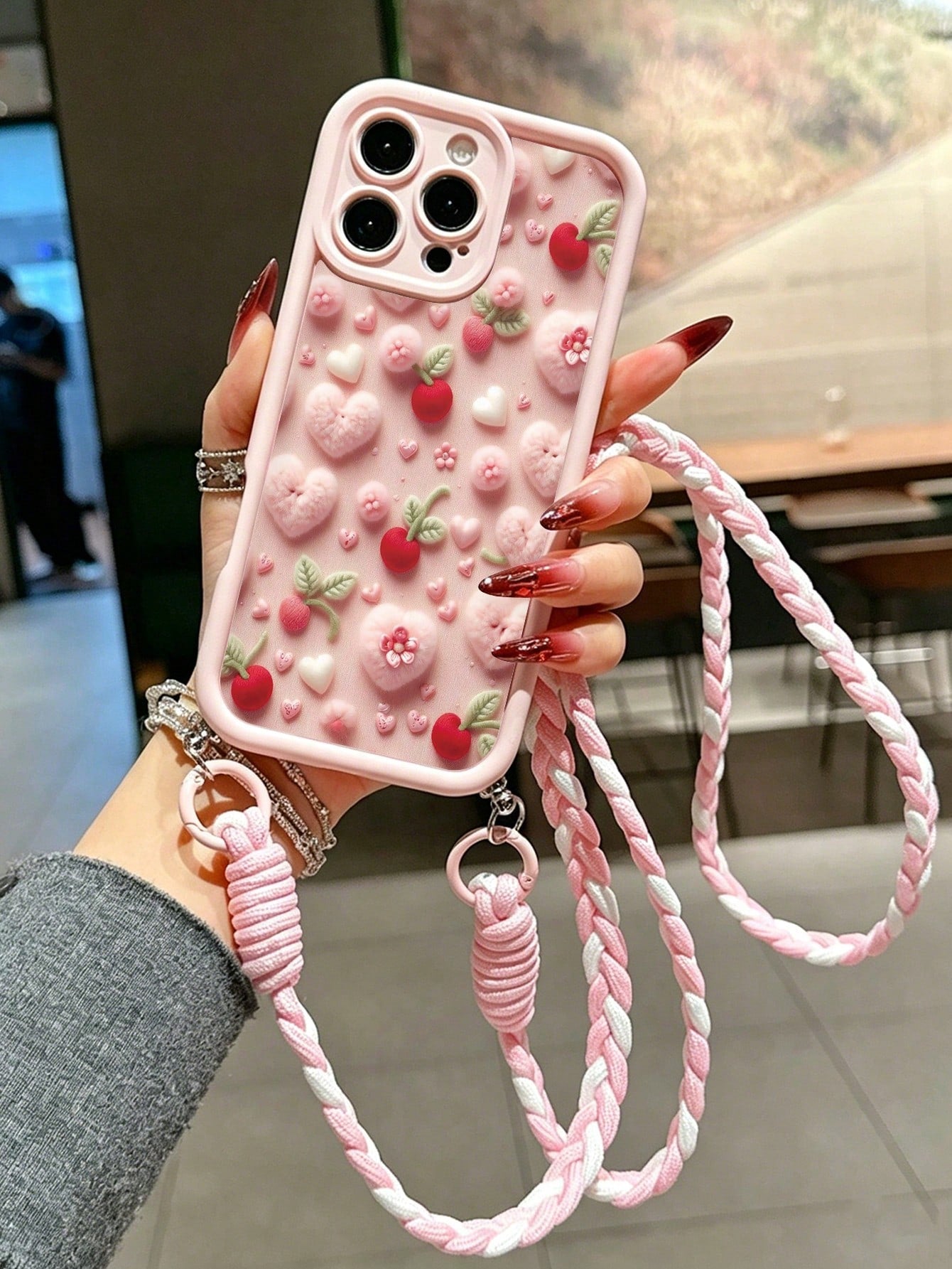 Cherry Painted Minimalist Grooved Pink Crossbody Adjustable Lanyard Phone Case, Soft Anti-Drop Protective Cover For IPhone 17/17 Pro/17 Pro Max/16/15/XR/16 Pro Max/7P/8P/12 Pro Max/13 Pro Max/14 Pro M