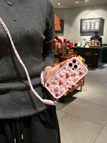 Cherry Painted Minimalist Grooved Pink Crossbody Adjustable Lanyard Phone Case, Soft Anti-Drop Protective Cover For IPhone 17/17 Pro/17 Pro Max/16/15/XR/16 Pro Max/7P/8P/12 Pro Max/13 Pro Max/14 Pro M