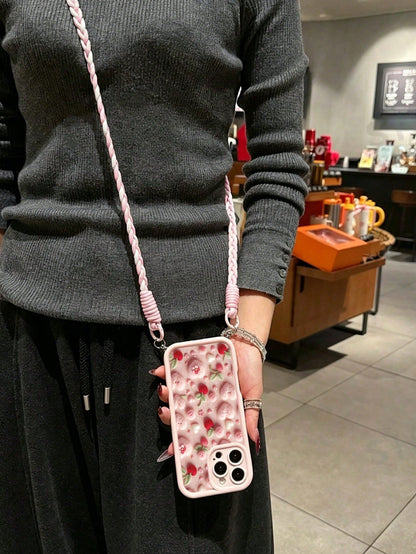 Cherry Painted Minimalist Grooved Pink Crossbody Adjustable Lanyard Phone Case, Soft Anti-Drop Protective Cover For IPhone 17/17 Pro/17 Pro Max/16/15/XR/16 Pro Max/7P/8P/12 Pro Max/13 Pro Max/14 Pro M