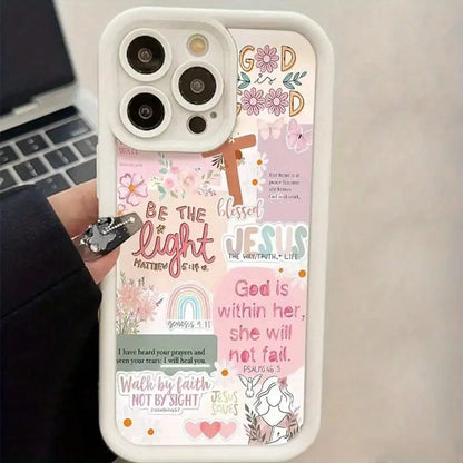 Christian Bible Verse Collage Phone 11 12 13 14 15 16 E 17 Pro Plus & S21-S26, A13- A54, Note 20, Be Light Floral Inspirational Design, Pastel Pink Shockproof Cover Women