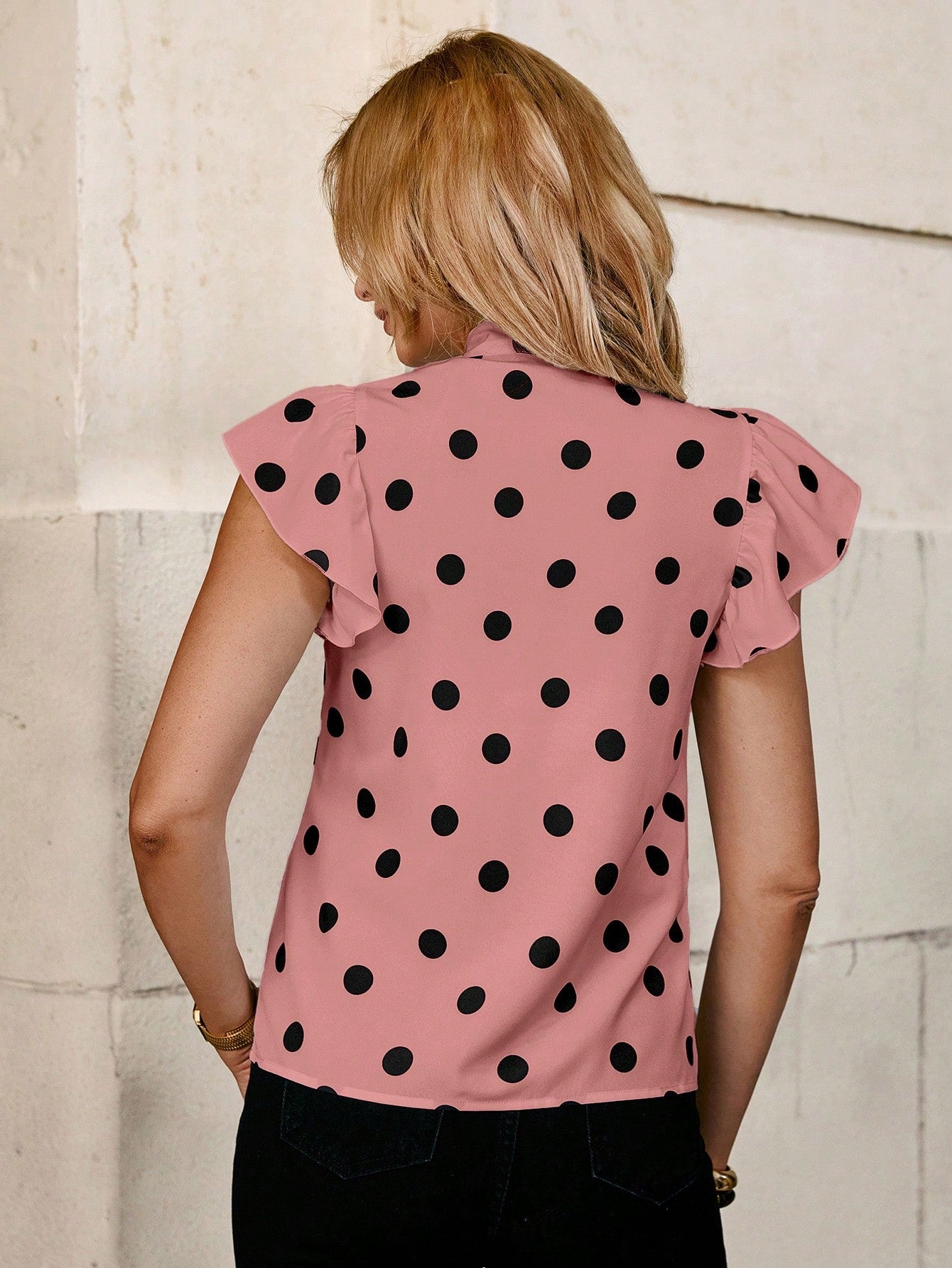 Clasi Black & White Polka Dot Bowknot Collar Cap Sleeve Fitted Women Blouse For Summer Country