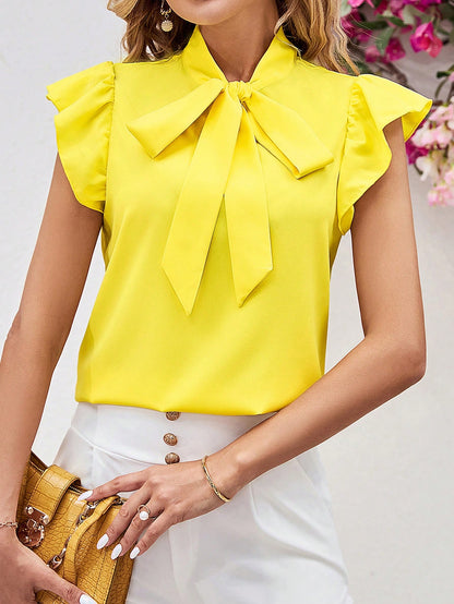 Clasi Black & White Polka Dot Bowknot Collar Cap Sleeve Fitted Women Blouse For Summer Country
