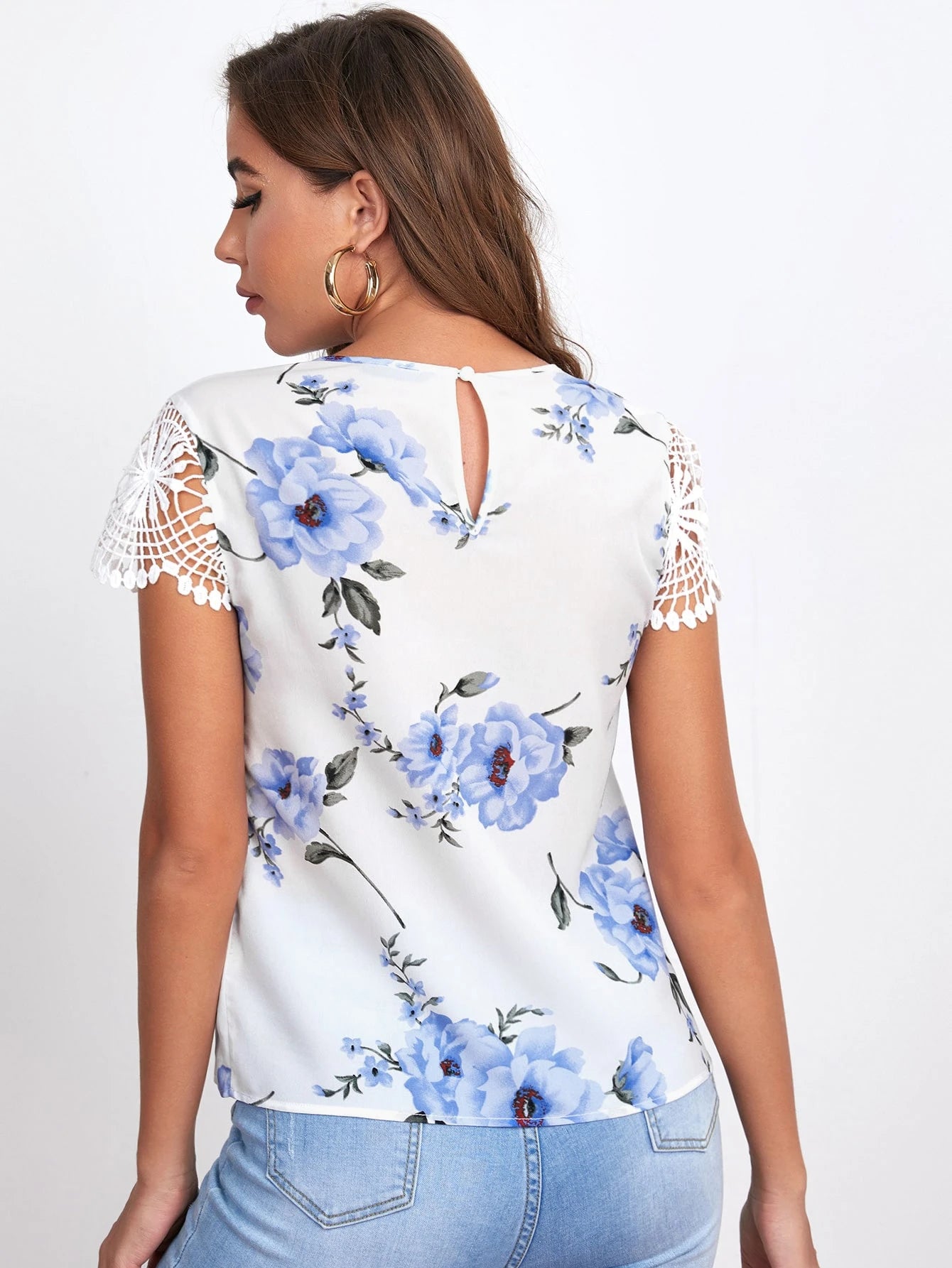 Clasi Floral Print Embroidered Sleeve Cutout Top