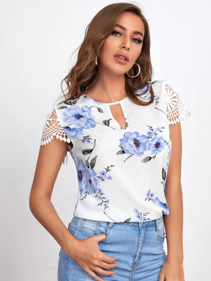 Clasi Floral Print Embroidered Sleeve Cutout Top