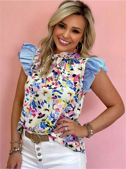 Clasi Women's Cute White Floral Summer Brunch Camouflage Flower Print Stitching Blue Stripe Design Flying Sleeves Small Ruffle Short-Sleeved Shirt Gyaru