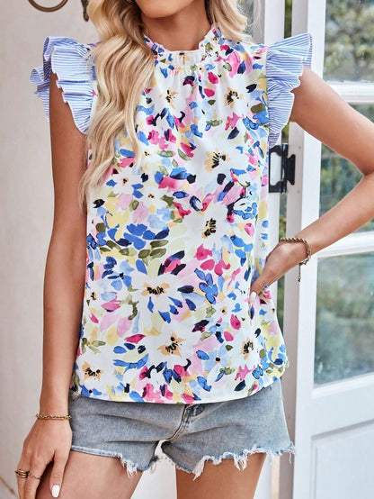Clasi Women's Cute White Floral Summer Brunch Camouflage Flower Print Stitching Blue Stripe Design Flying Sleeves Small Ruffle Short-Sleeved Shirt Gyaru