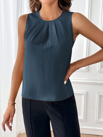 Clasi Women's Elegant Solid Color Sleeveless Summer Blouse With Round Neck