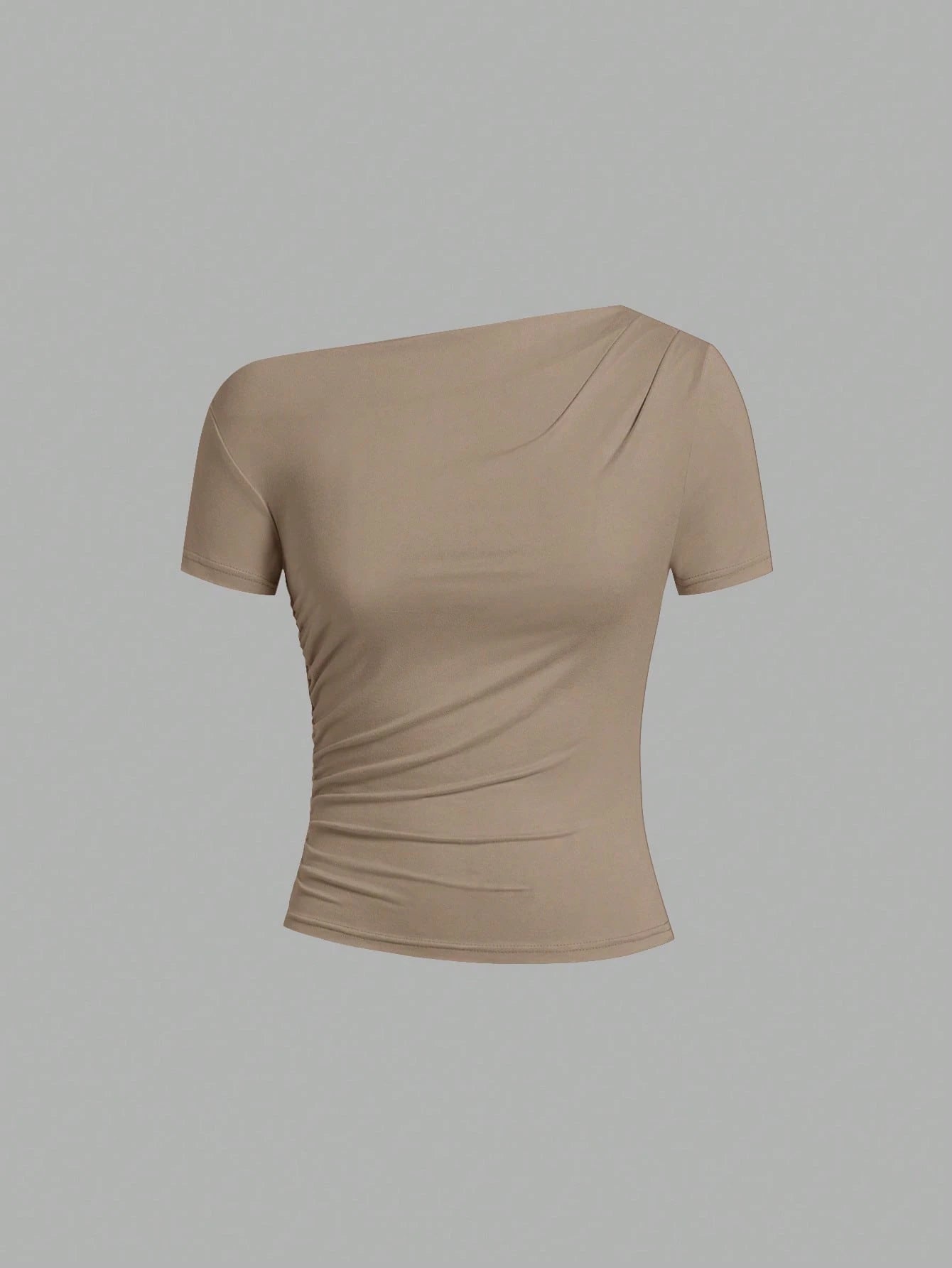 Clasi Women's Solid Color Oblique Shoulder Short Sleeve Fitted Fashion T-Shirt, Summer