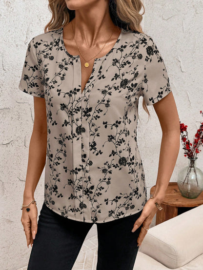 Clasi Women's Summer Short Sleeve Loose Ditsy Floral Shirt, Casual Countryside Vacation, Black & White Women Outfits Tops And Blouses Print Blouse For