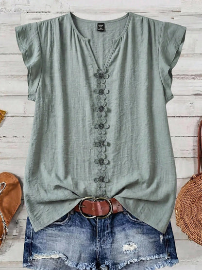 Clasi Women's Vacation Casual Boho Applique Decor Shirt Blouse For Picnic Sage Green Summer
