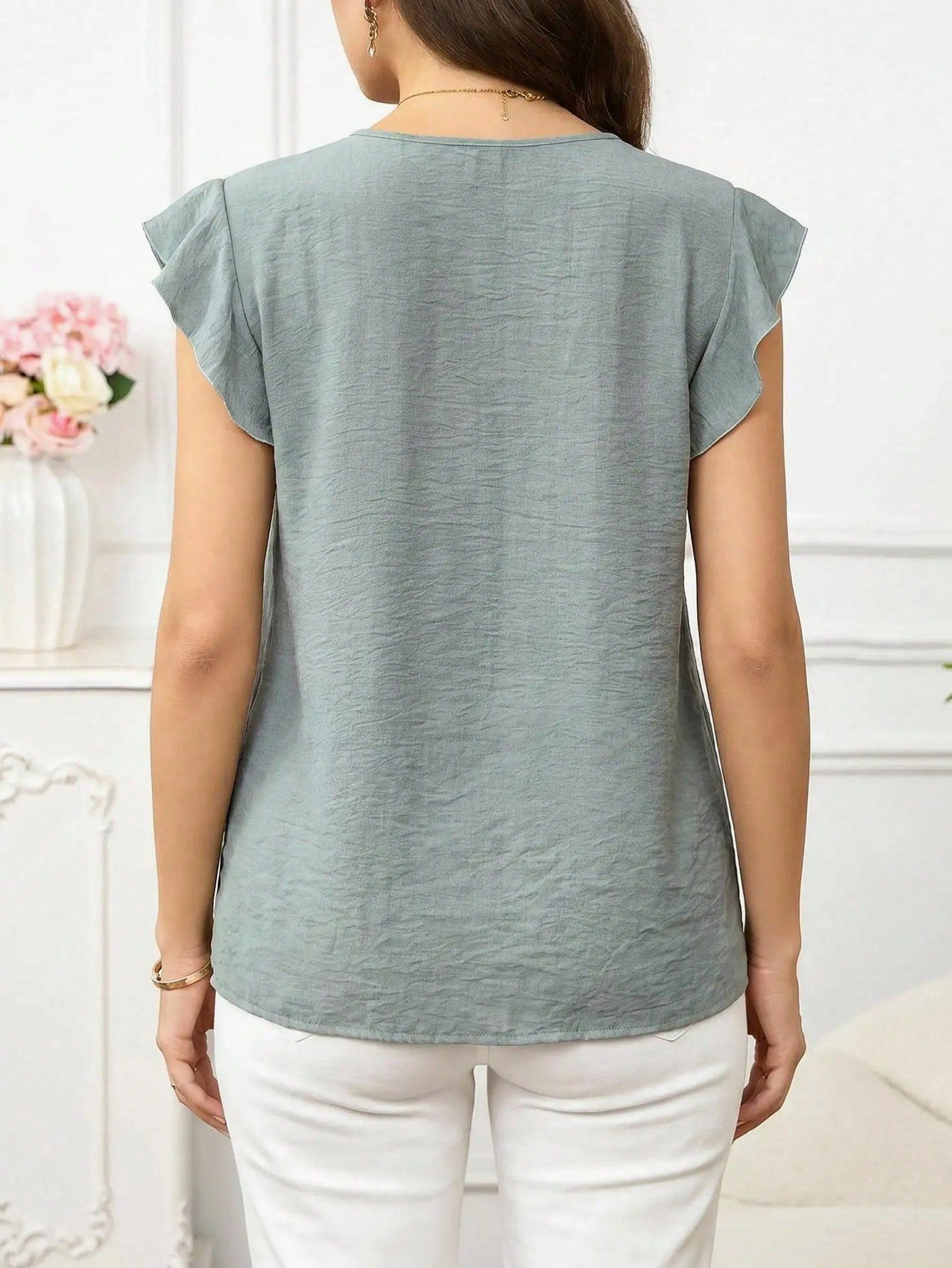 Clasi Women's Vacation Casual Boho Applique Decor Shirt Blouse For Picnic Sage Green Summer
