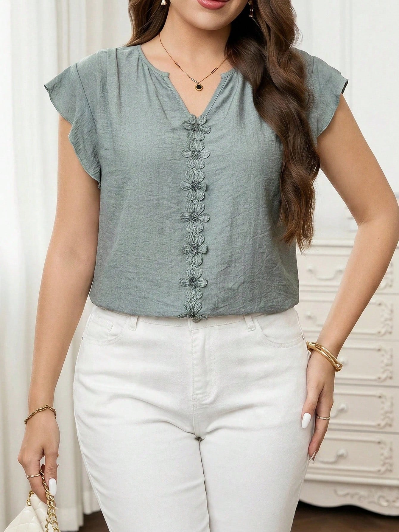 Clasi Women's Vacation Casual Boho Applique Decor Shirt Blouse For Picnic Sage Green Summer