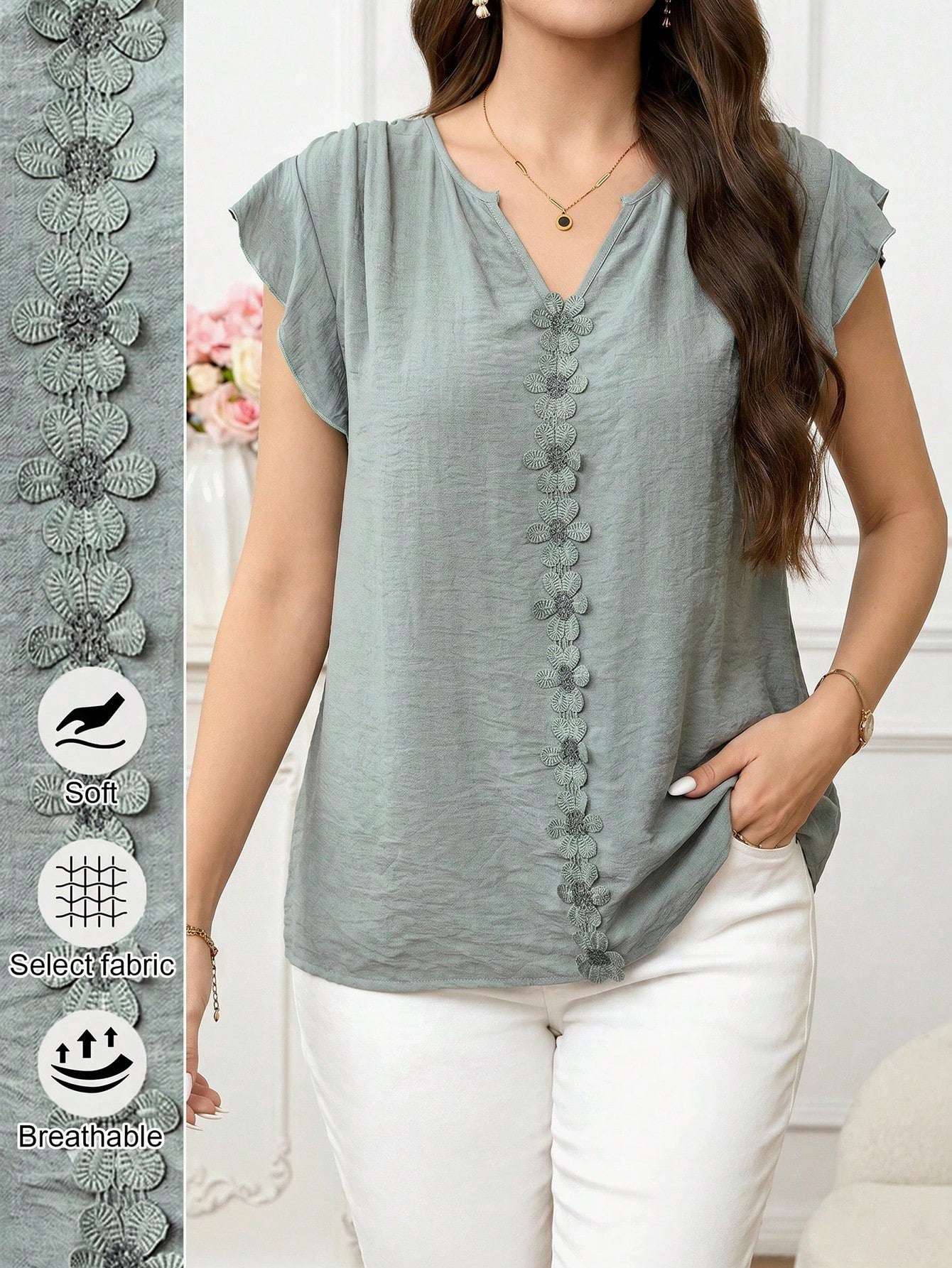 Clasi Women's Vacation Casual Boho Applique Decor Shirt Blouse For Picnic Sage Green Summer