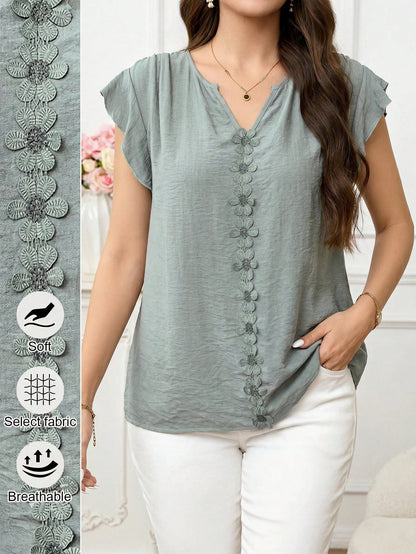 Clasi Women's Vacation Casual Boho Applique Decor Shirt Blouse For Picnic Sage Green Summer