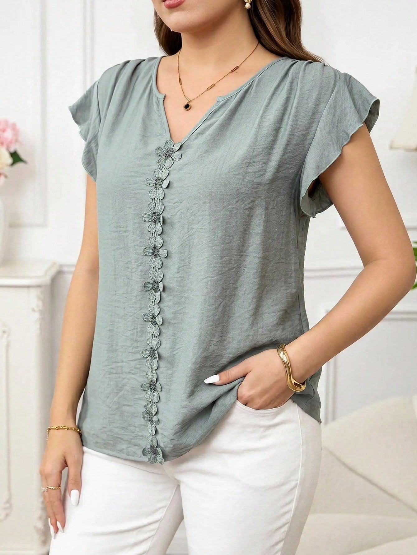 Clasi Women's Vacation Casual Boho Applique Decor Shirt Blouse For Picnic Sage Green Summer