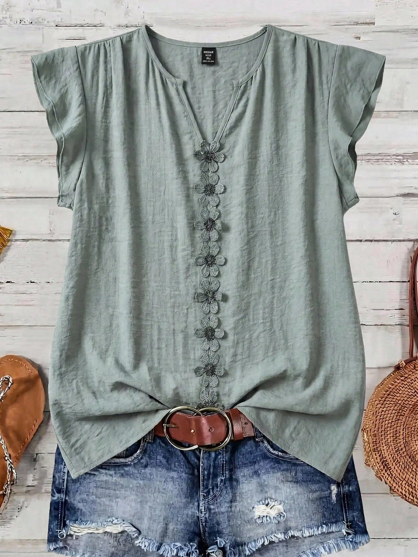 Clasi Women's Vacation Casual Boho Applique Decor Shirt Blouse For Picnic Sage Green Summer