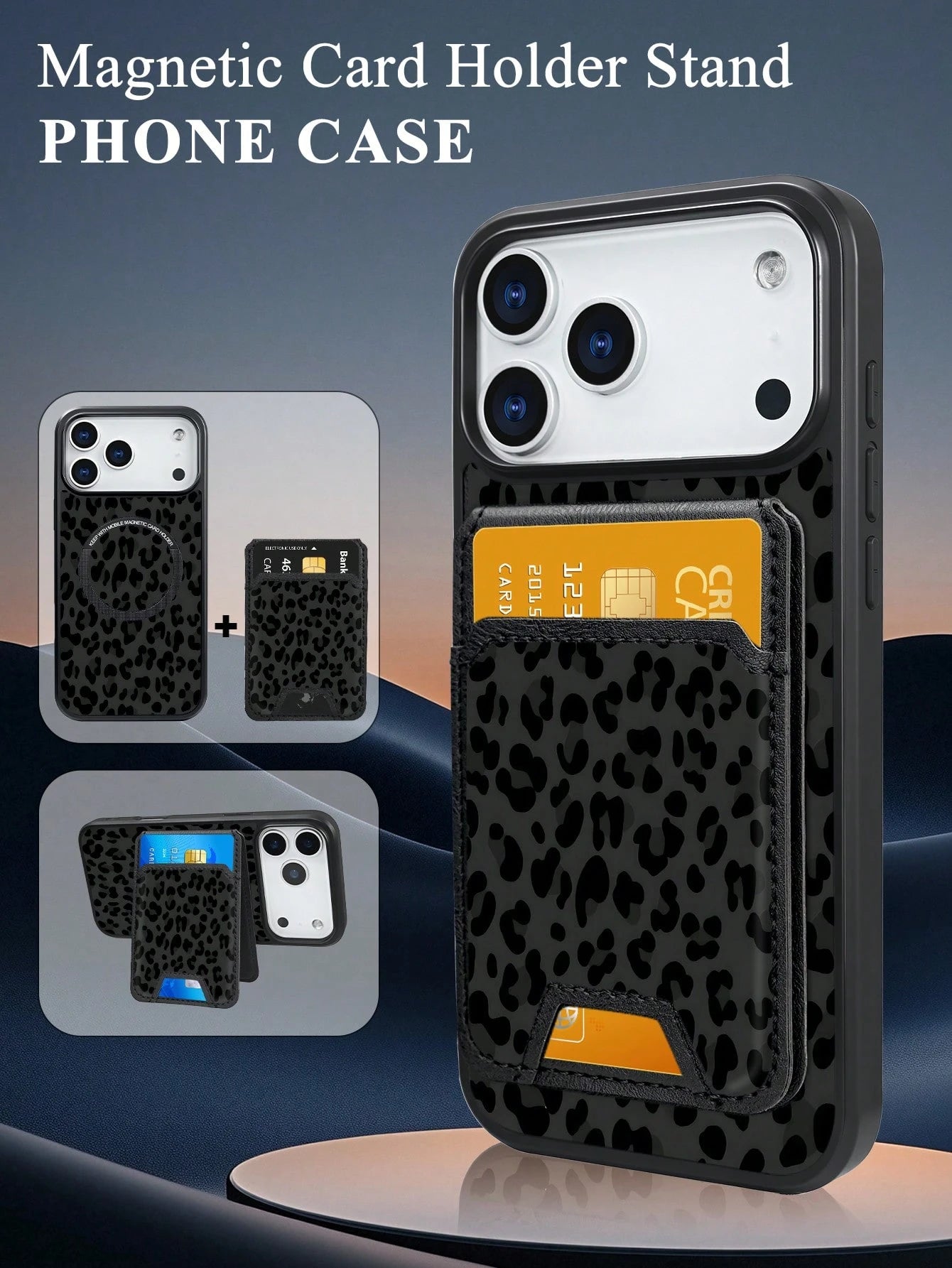 Classic Black Leopard Print Style, Black Background With Dark Gray Leopard Pattern Design, Magnetic Phone Case + Card Protector Set, Phone Case For IPhone 17/16/15/14/13/12/Pro Max/Pro/Plus, Featuring