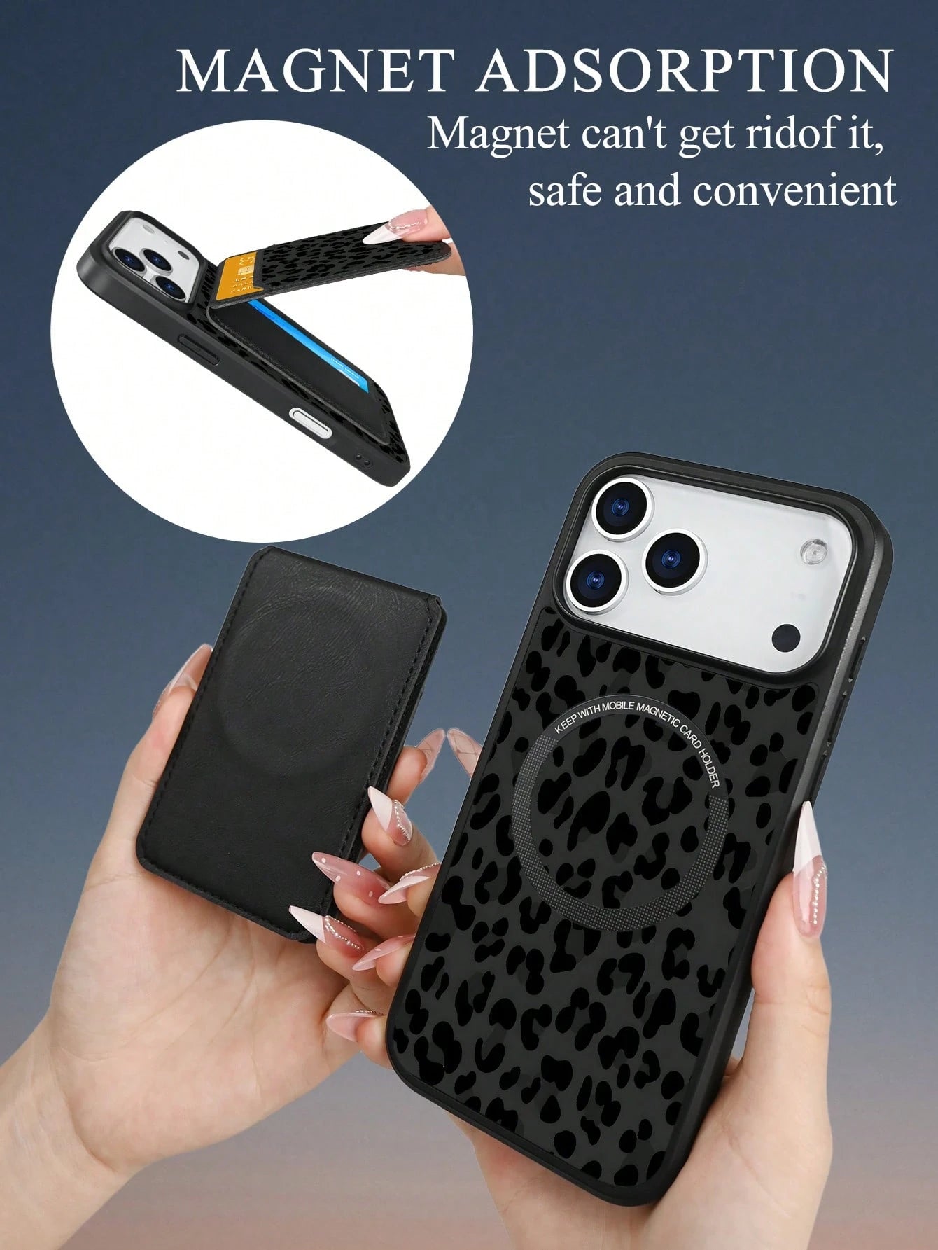 Classic Black Leopard Print Style, Black Background With Dark Gray Leopard Pattern Design, Magnetic Phone Case + Card Protector Set, Phone Case For IPhone 17/16/15/14/13/12/Pro Max/Pro/Plus, Featuring