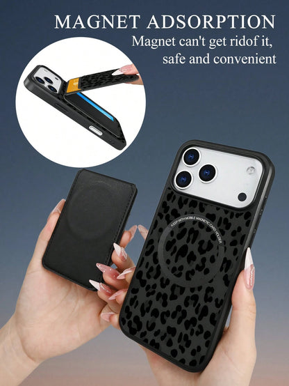Classic Black Leopard Print Style, Black Background With Dark Gray Leopard Pattern Design, Magnetic Phone Case + Card Protector Set, Phone Case For IPhone 17/16/15/14/13/12/Pro Max/Pro/Plus, Featuring