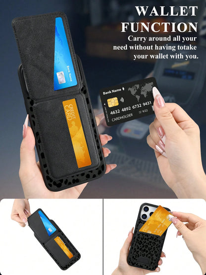Classic Black Leopard Print Style, Black Background With Dark Gray Leopard Pattern Design, Magnetic Phone Case + Card Protector Set, Phone Case For IPhone 17/16/15/14/13/12/Pro Max/Pro/Plus, Featuring