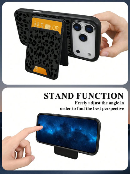 Classic Black Leopard Print Style, Black Background With Dark Gray Leopard Pattern Design, Magnetic Phone Case + Card Protector Set, Phone Case For IPhone 17/16/15/14/13/12/Pro Max/Pro/Plus, Featuring