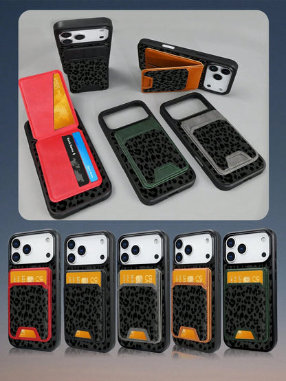 Classic Black Leopard Print Style, Black Background With Dark Gray Leopard Pattern Design, Magnetic Phone Case + Card Protector Set, Phone Case For IPhone 17/16/15/14/13/12/Pro Max/Pro/Plus, Featuring