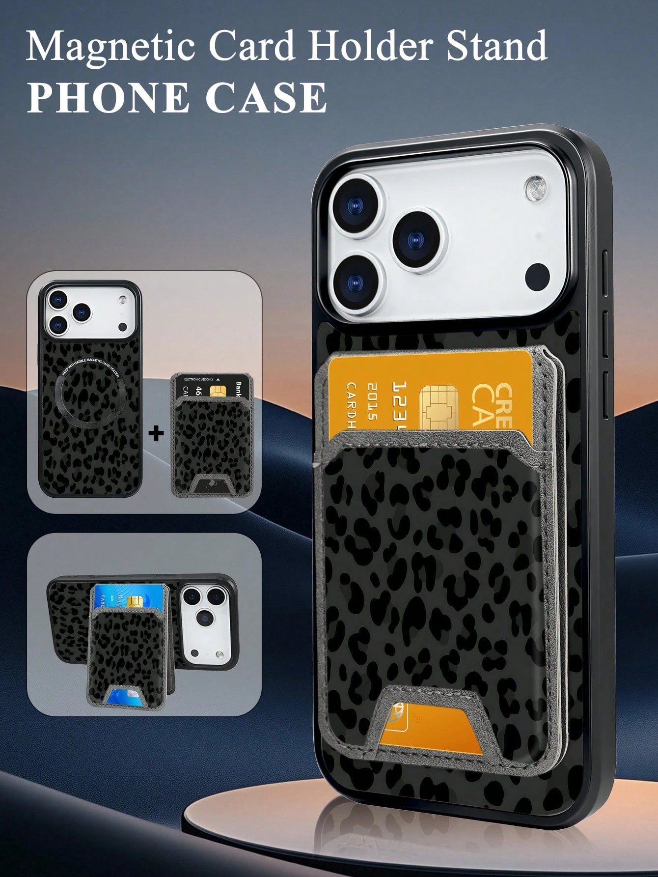 Classic Black Leopard Print Style, Black Background With Dark Gray Leopard Pattern Design, Magnetic Phone Case + Card Protector Set, Phone Case For IPhone 17/16/15/14/13/12/Pro Max/Pro/Plus, Featuring