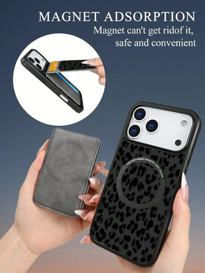 Classic Black Leopard Print Style, Black Background With Dark Gray Leopard Pattern Design, Magnetic Phone Case + Card Protector Set, Phone Case For IPhone 17/16/15/14/13/12/Pro Max/Pro/Plus, Featuring