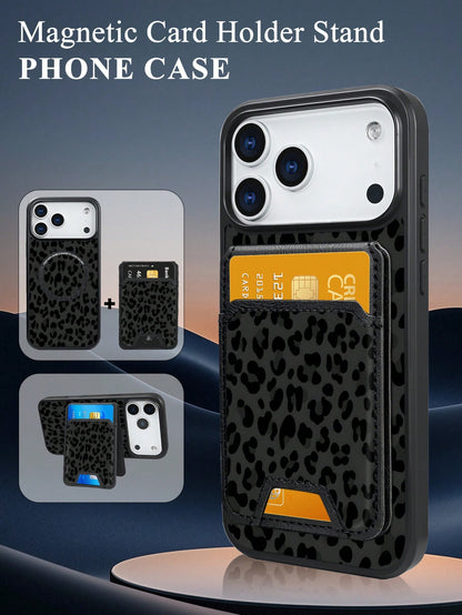 Classic Black Leopard Print Style, Black Background With Dark Gray Leopard Pattern Design, Magnetic Phone Case + Card Protector Set, Phone Case For IPhone 17/16/15/14/13/12/Pro Max/Pro/Plus, Featuring
