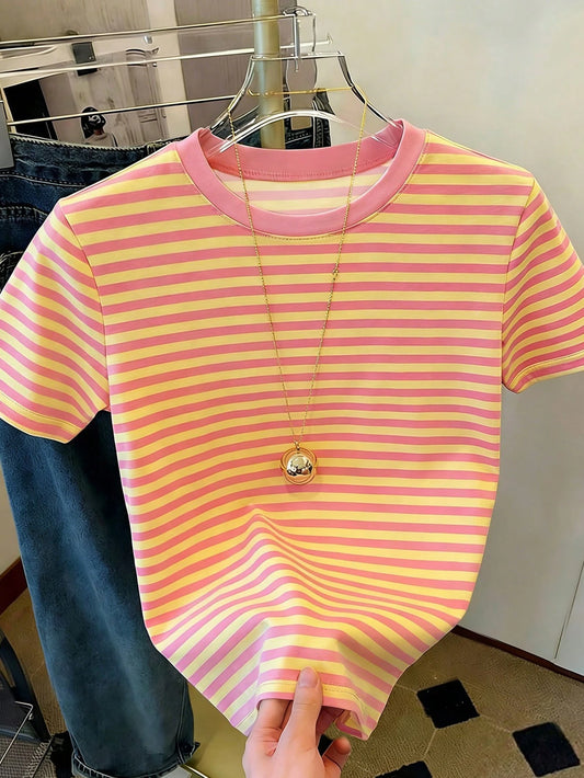 Classic Striped Pink-Brown Y2K Versatile Elegant Summer Outfits For Women, Vacation Outfits, Beach Outfits, Women's Casual Round Neck Short Sleeve Simple T-Shirt