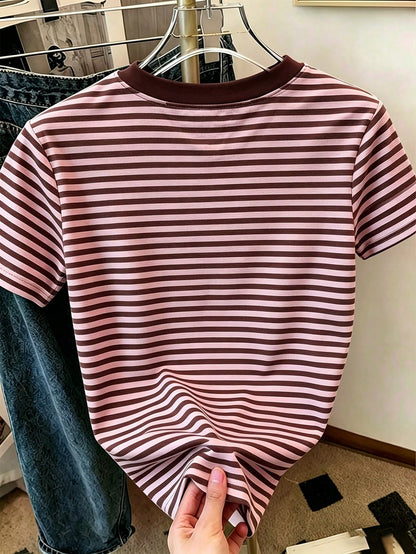 Classic Striped Pink-Brown Y2K Versatile Elegant Summer Outfits For Women, Vacation Outfits, Beach Outfits, Women's Casual Round Neck Short Sleeve Simple T-Shirt