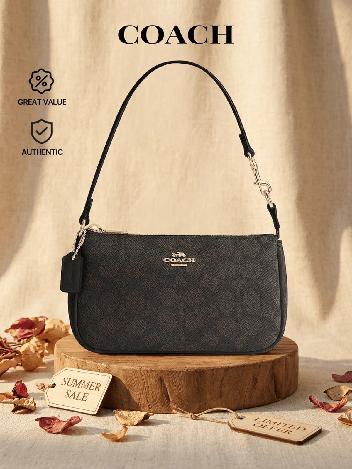 Coach Nolita 19 Signature Coated Canvas Leather Shoulder Bag For Women, Convertible Wristlet Walnut Black CW426 196395548125 Designer Handbags Brown Purse