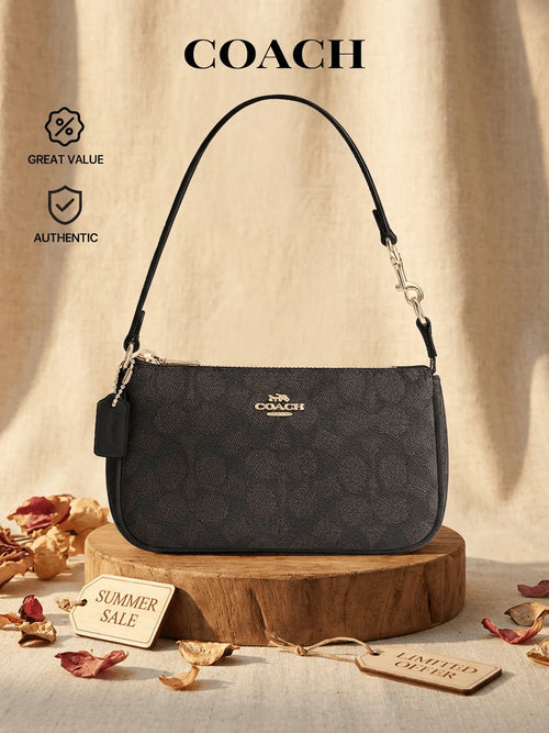 Coach Nolita 19 Signature Coated Canvas Leather Shoulder Bag For Women, Convertible Wristlet Walnut Black CW426 196395548125 Designer Handbags Brown Purse
