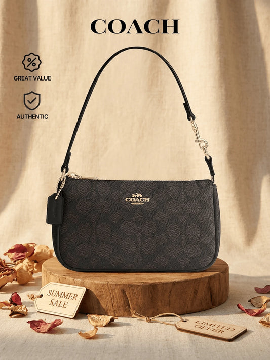 Coach Nolita 19 Signature Coated Canvas Leather Shoulder Bag For Women, Convertible Wristlet Walnut Black CW426 196395548125 Designer Handbags Brown Purse