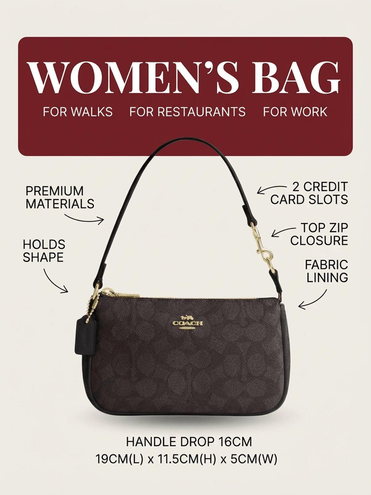 Coach Nolita 19 Signature Coated Canvas Leather Shoulder Bag For Women, Convertible Wristlet Walnut Black CW426 196395548125 Designer Handbags Brown Purse