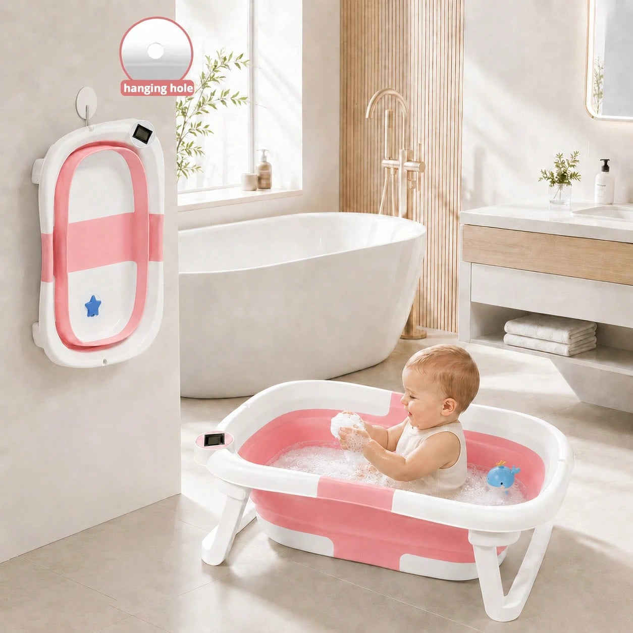 Cochildor Foldable Baby Bathtub With Soft Bath Pad, Portable And Suitable For Both Home And Outdoor Use (Pink/ Gray/ Blue)