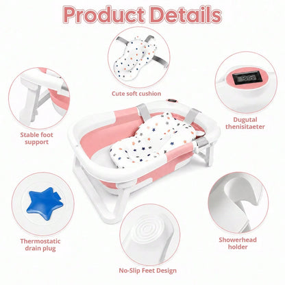 Cochildor Foldable Baby Bathtub With Soft Bath Pad, Portable And Suitable For Both Home And Outdoor Use (Pink/ Gray/ Blue)