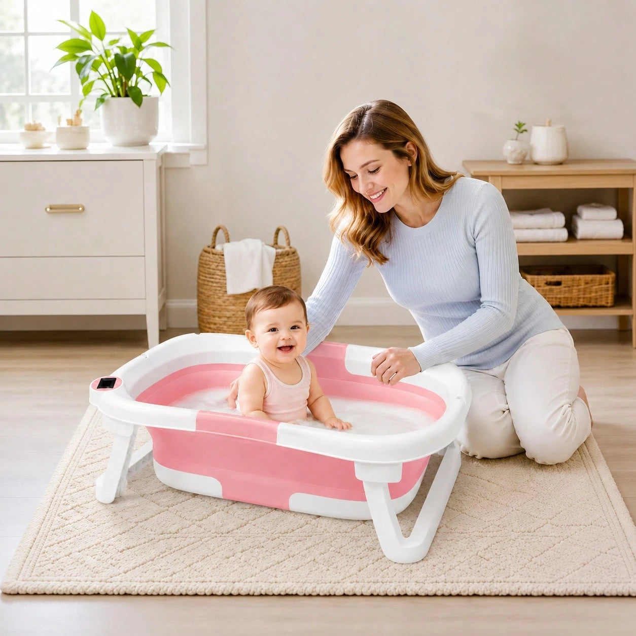 Cochildor Foldable Baby Bathtub With Soft Bath Pad, Portable And Suitable For Both Home And Outdoor Use (Pink/ Gray/ Blue)